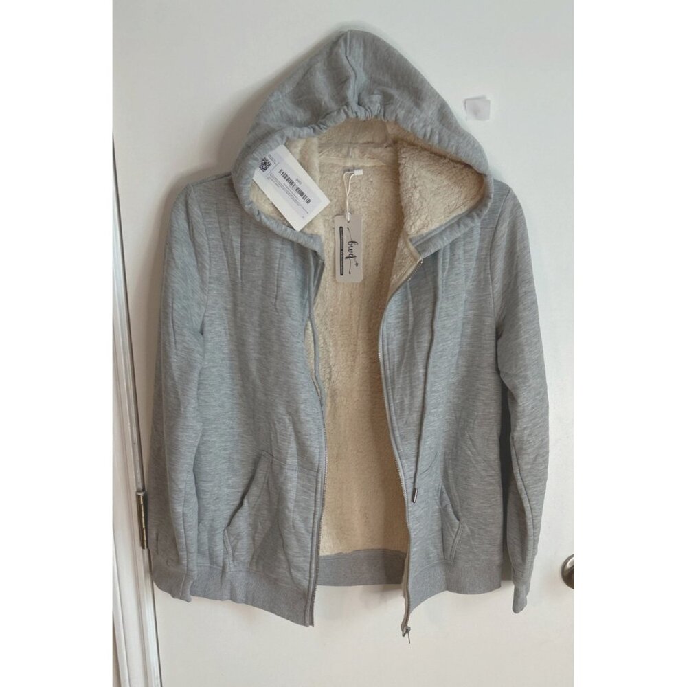 Women Gray Zip Front Sherpa Hoodie Jacket Size S